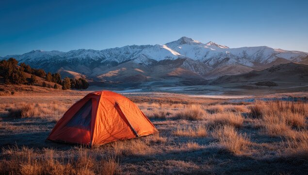 Sunrise camp in a snowy mountain valley.  Orange tent sits in a field of frosted grass.  Majestic peaks, covered in snow, rise in the distance.  Golden light bathes the landscape