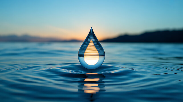A water droplet suspended above a calm lake at sunset, reflecting the sky and horizon