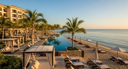 Luxury beachfront resort with infinity pool and cabanas.