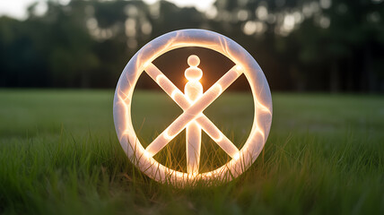 Glowing circular symbol with cross and human figure in grassy field at dusk