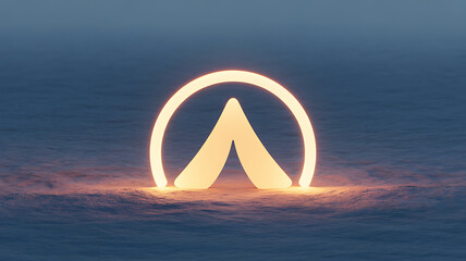 Glowing circular symbol with triangular center emerging from water at dusk