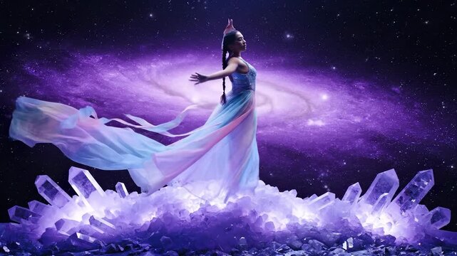 Dancer spins on glowing crystal platform. She poses like a ballerina in a flowing gown. A purple galaxy and nebula spread behind her. Crystals glow with star like light and magic. Dream fantasy.