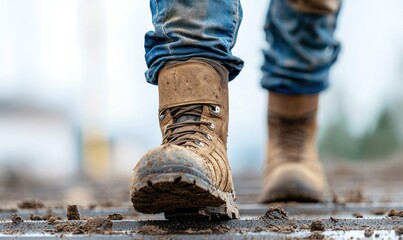 Close-up of work boots covered in mud as a person walks forward in a construction environment, showcasing their daily routine.