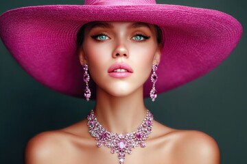 A beautiful woman wears a large pink hat, elegant jewelry, and a vibrant lip color, exuding luxury and style.