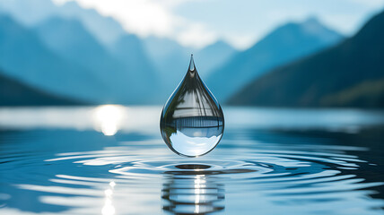 A water droplet suspended above a calm lake, reflecting mountains and sky with ripple effects on the surface.
