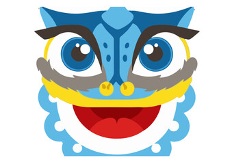 Cartoon Lion Dance Head with Blue and Yellow Accents.