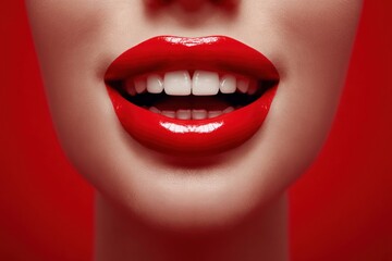 Close-up of a woman's smiling mouth with vibrant red lipstick, showcasing perfect white teeth and a glossy finish, on a red background.