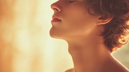 Fototapeta premium Portrait of young man with curly hair looking up in golden light relaxation and wellness concept image