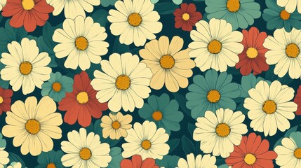 A seamless pattern of stylized daisies in yellow, red, and teal against a dark green background, evoking a vintage floral aesthetic