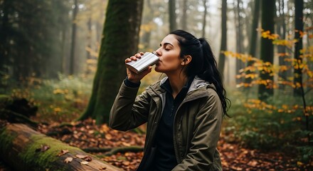 Woman Rehydrating in Forest During Autumn Hiking Expedition Adventure