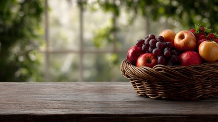 A woven basket brimming with fresh fruits rests on a rustic wooden table with a blurred green garden seen through a window
