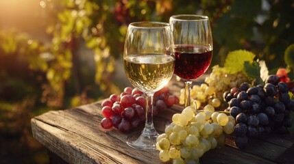vineyard. Glasses of red and white wine with ripe grapes on a wooden table in a rustic vineyard setting. bar promotions, beverage menus, designed for food & beverage menus and cafe branding.
