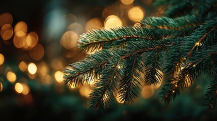 Fir tree branch with golden festive bokeh lights