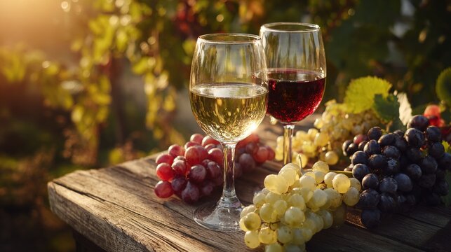 vineyard. Glasses of red and white wine with ripe grapes on a wooden table in a rustic vineyard setting. bar promotions, beverage menus, designed for food & beverage menus and cafe branding.