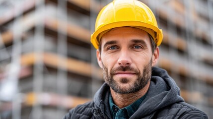 A construction worker with a yellow hard hat smiles in front of a building under construction.