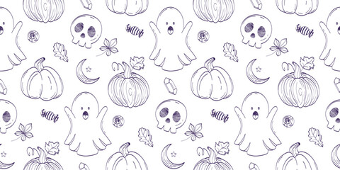 Seamless Halloween whimsical pattern with ghosts, pumpkins, skulls, candies, leaves, moons and crystals. Perfect for wrapping paper, textiles, packaging, stationery and digital backgrounds.