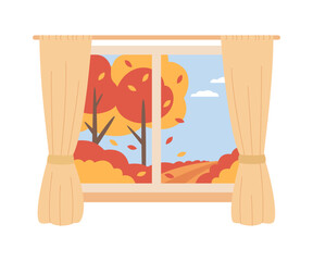 Autumn view from window. Seasonal home interior. Warm fall. Vector flat illustration