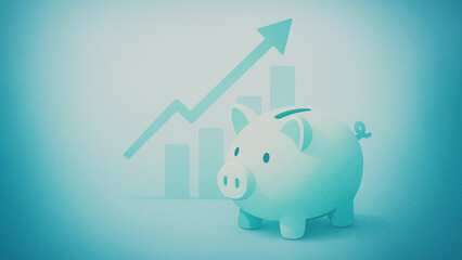 A piggy bank symbolizes financial growth and investment, with an arrow pointing upwards. representing financial stability, saving, and prosperity.