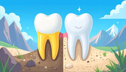Healthy Tooth vs Decayed Tooth Concept with Nature Background, Dental Care Comparison