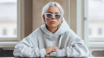 A stylish young woman with white hair and sunglasses poses confidently indoors, exuding a modern, cool vibe.