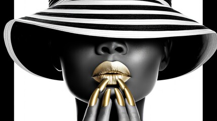 A striking portrait features a woman with radiant golden lips and nails, accentuated by a stylish, wide-brimmed hat.