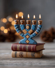 Decorative menorah with lit candles sits atop stacked books, creating warm and festive atmosphere for Kwanzaa for children