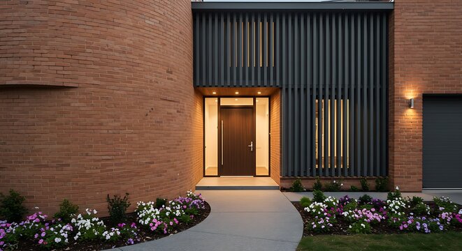Front entrance of a new house with rounded brick walls and vertical louvers on the outside of the house