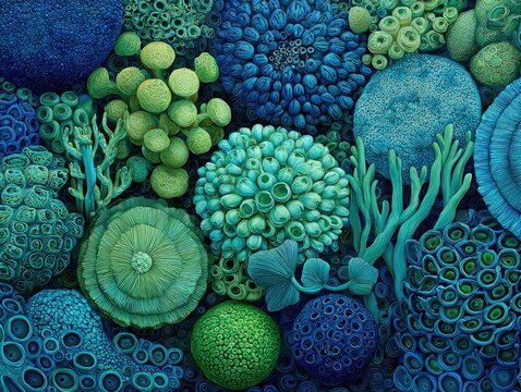 A vibrant underwater scene teeming with diverse, intricately detailed coral formations in shades of teal and green