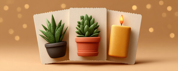 Potted plants and lit candle on warm background, evoking cozy and serene atmosphere for Kwanzaa for children