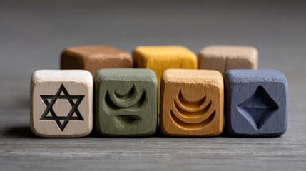Wooden blocks with engraved symbols for Kwanzaa for children, featuring cultural and educational designs