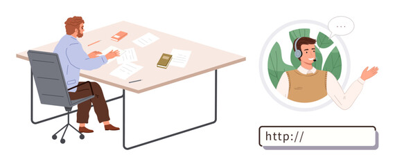 Man sits at desk reviewing papers, while virtual assistant in headset appears in dialogue bubble and search bar displays web link. Ideal for remote work, virtual communication, teamwork, customer