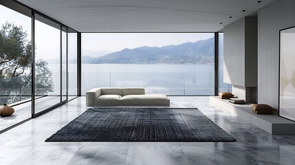 Modern living room with ocean view and large windows showcasing minimalist design and serene atmosphere on transparent background silhouette