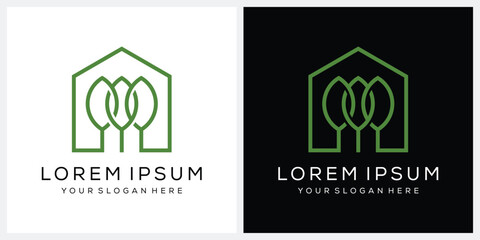 evergreen natural tree leaves and home logo design concept