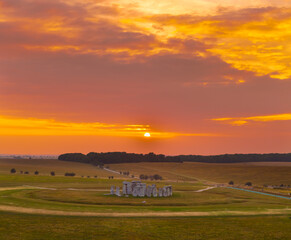 Stonehenge, Salisbury, UK, July 24, 2025; Stunning aerial view of the sunset and spectacular historical monument of Stonehenge stone circles, Wiltshire, England, UK