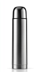 Stainless steel thermos bottle,  smooth, metallic finish,  vertical, isolated