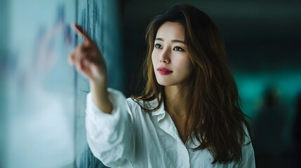A focused young Asian woman points at a glowing digital display showing data and charts in a modern setting