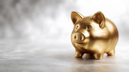 A shiny golden piggy bank sits on a reflective surface with a blurred bright background symbolizing savings and wealth