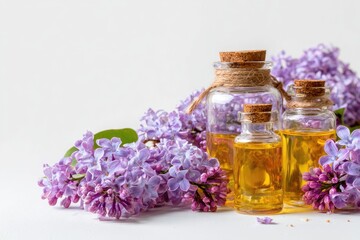 Lilac essential oil in glass bottles, surrounded by fresh lilac blossoms