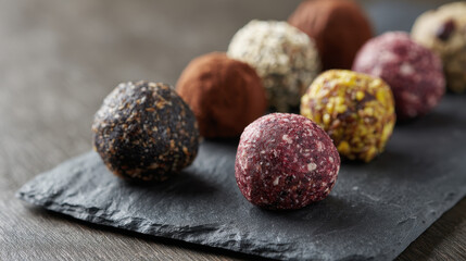 Assorted energy balls and protein bites on slate, vibrant and healthy