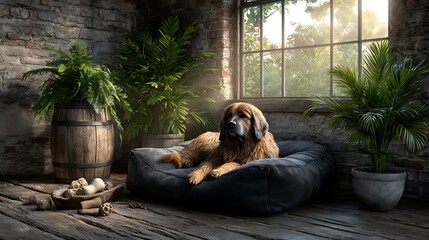 A realistic high-definition photo of a pet-friendly living room with pet bed and toys.