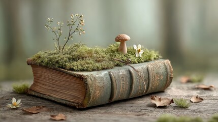 Old book with moss, mushroom and tiny flowers on cover