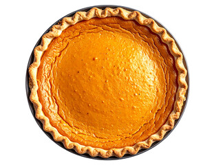 Whole classic pumpkin pie with baked golden crust isolated png transparent background
