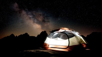 Long-exposure night photography technique showing crisp Milky Way details and tent glow with contrast