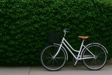 Vintage Bicycle Parked Against Lush Green Hedge, Promoting Eco-Friendly Transportation and Urban Greenery
