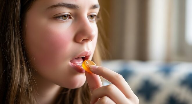 Young woman taking a throat lozenge to soothe a sore throat symptom