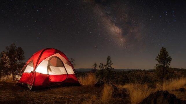 Cinematic starry camping background with tent and galaxy light contrast for travel branding design