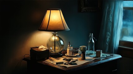 Cozy bedside table illuminated by warm table lamp beside window with blue curtains, scattered personal items and a glass bottle creating a peaceful, intimate bedroom scene