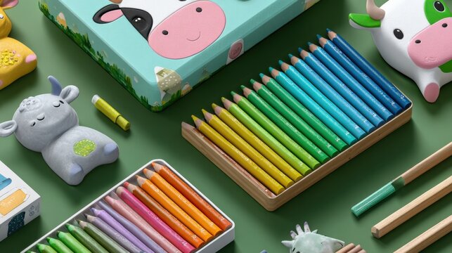 Vibrant Colored Pencils Artistically Arranged with Animal Figures and Decorative Boxes on Green Background