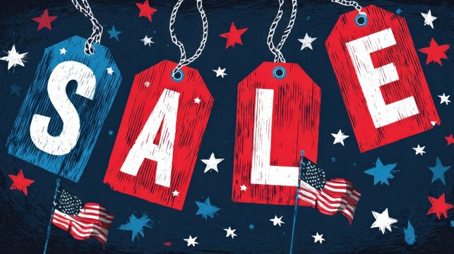 Festive Sale Announcement with Patriotic Theme, American Flags, Stars for Retail Promotions and Events