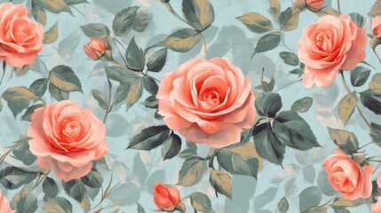 Seamless pattern of blooming coral pink roses with green leaves and buds on a light blue textured background, vintage floral wallpaper